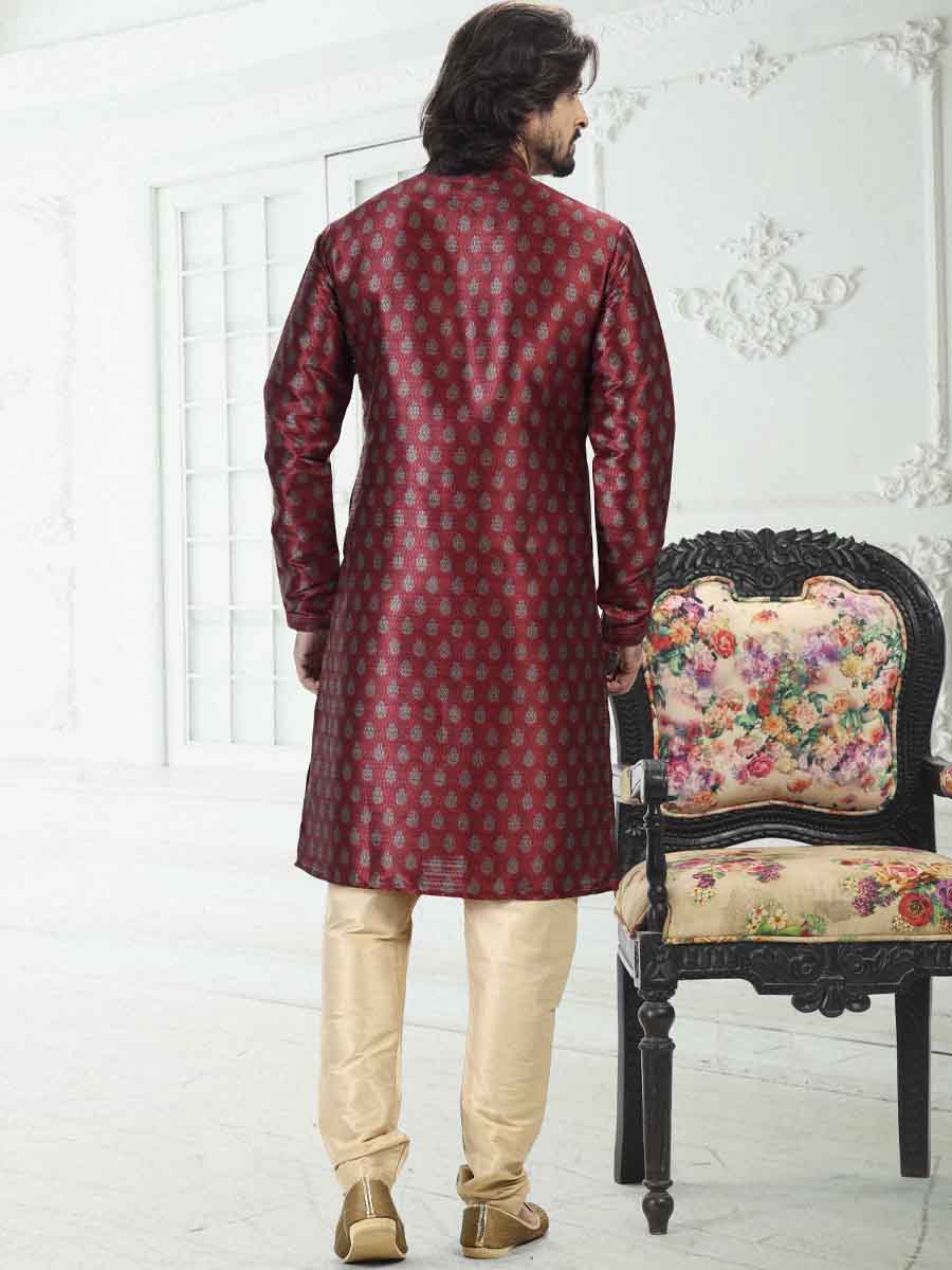 Maroon Banarasi Silk Printed Festival Wedding Kurta