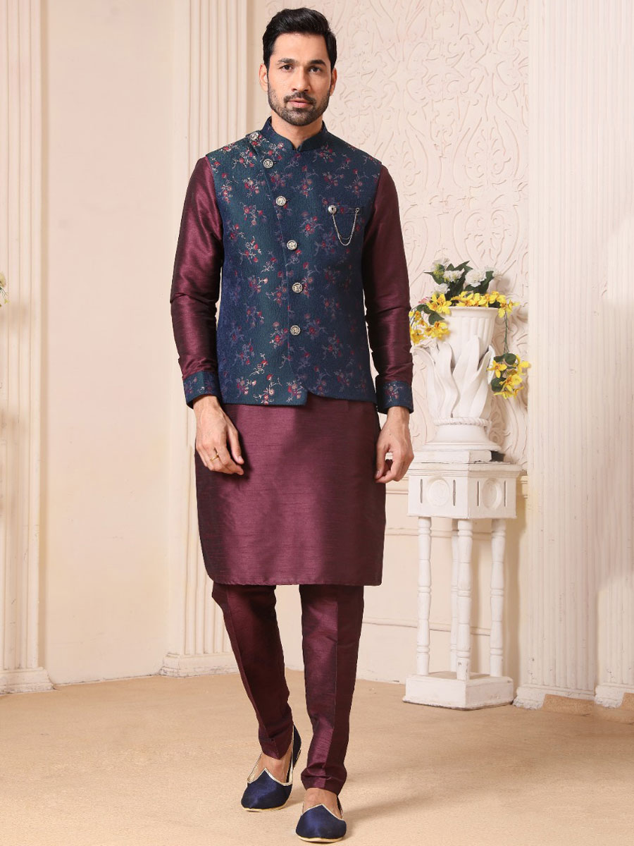 Maroon Banarasi Silk Wedding And Festival Plain Kurta with Waistcoat