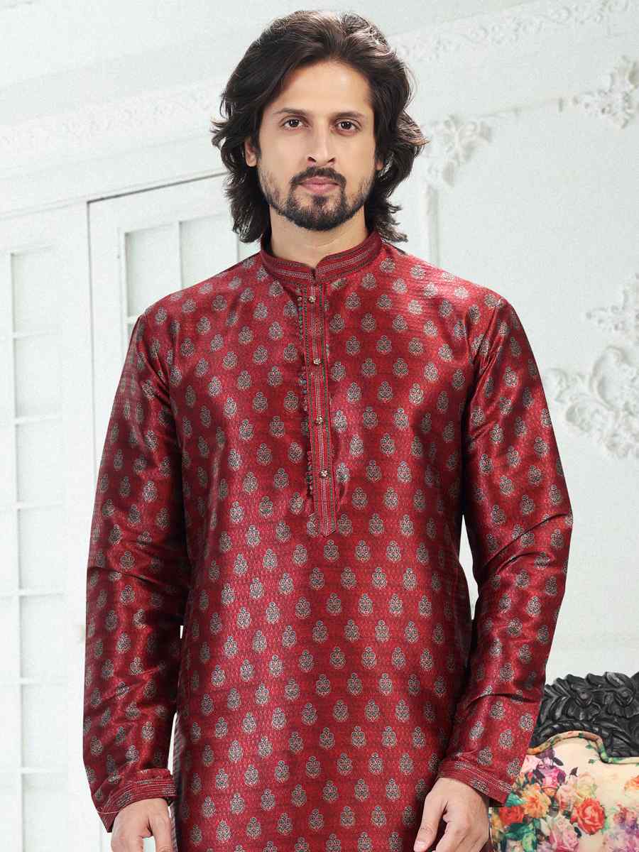 Maroon Banarasi Silk Woven Festival Party Kurta