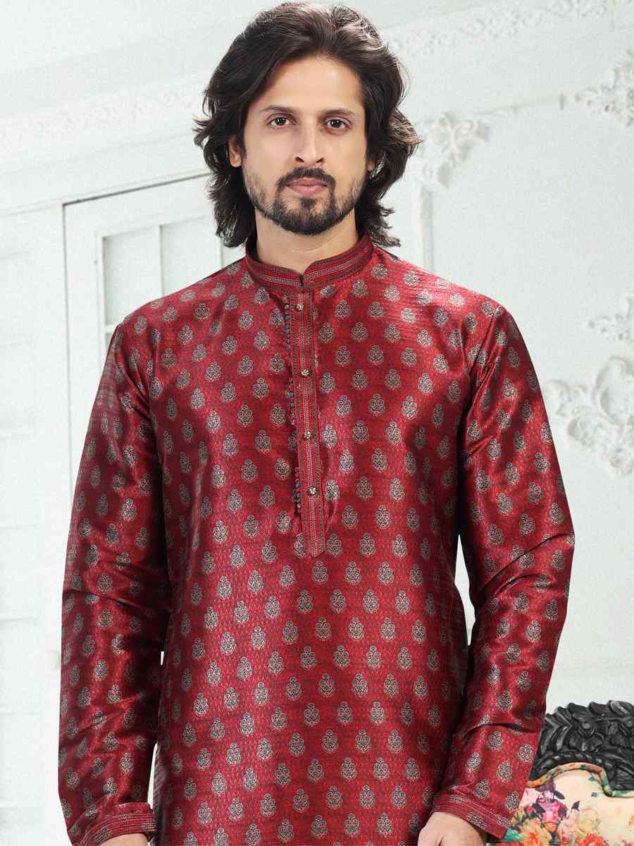 Maroon Banarasi Silk Woven Festival Party Kurta