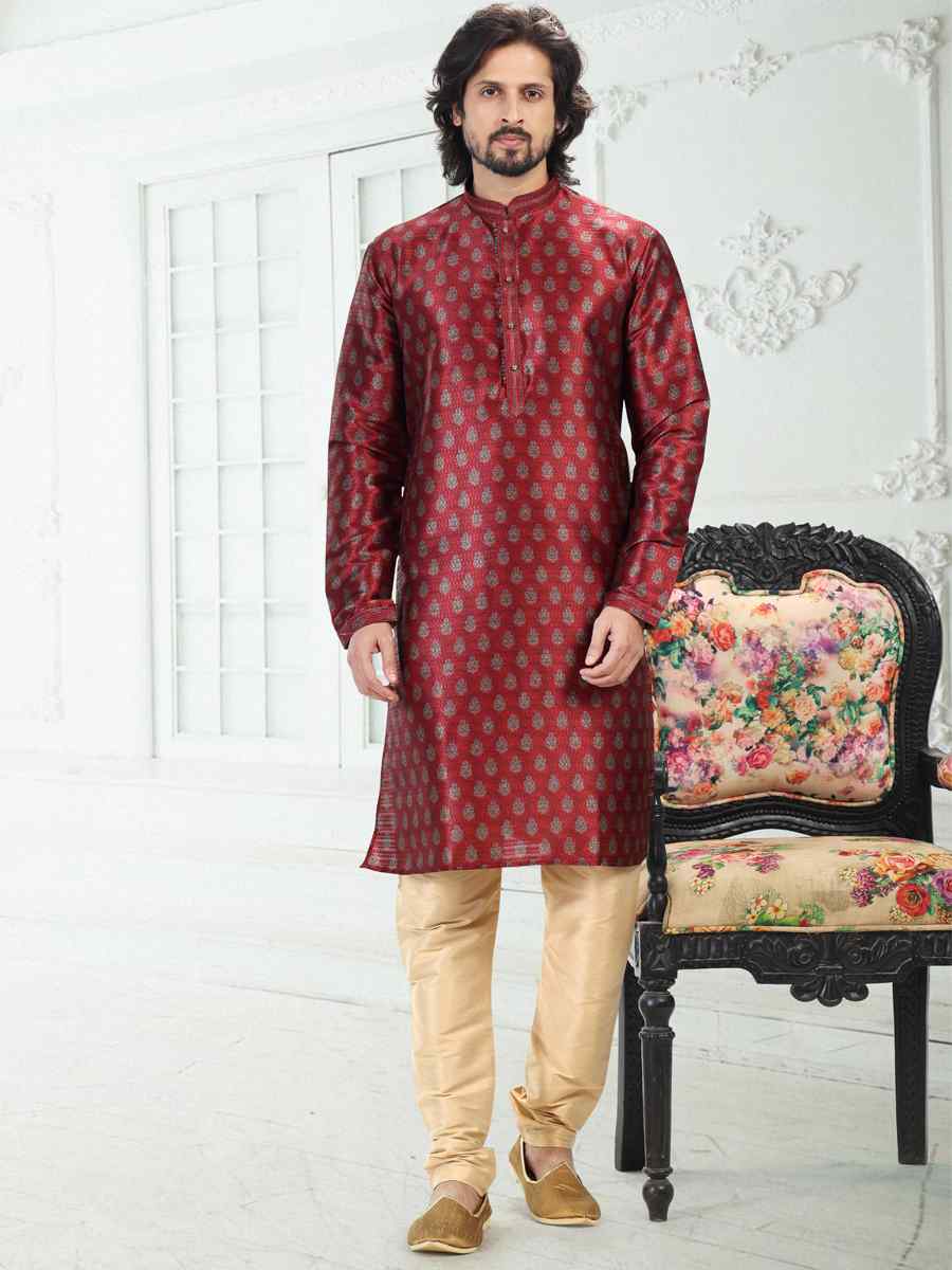 Maroon Banarasi Silk Woven Festival Party Kurta