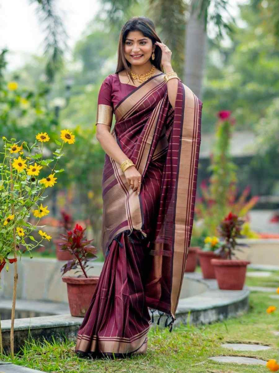 Maroon Banarasi Soft Silk Handwoven Festival Wedding Fancy Heavy Border Saree