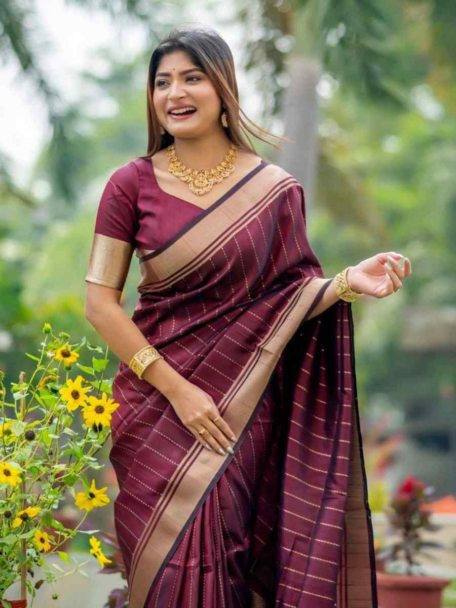 Maroon Banarasi Soft Silk Handwoven Festival Wedding Fancy Heavy Border Saree