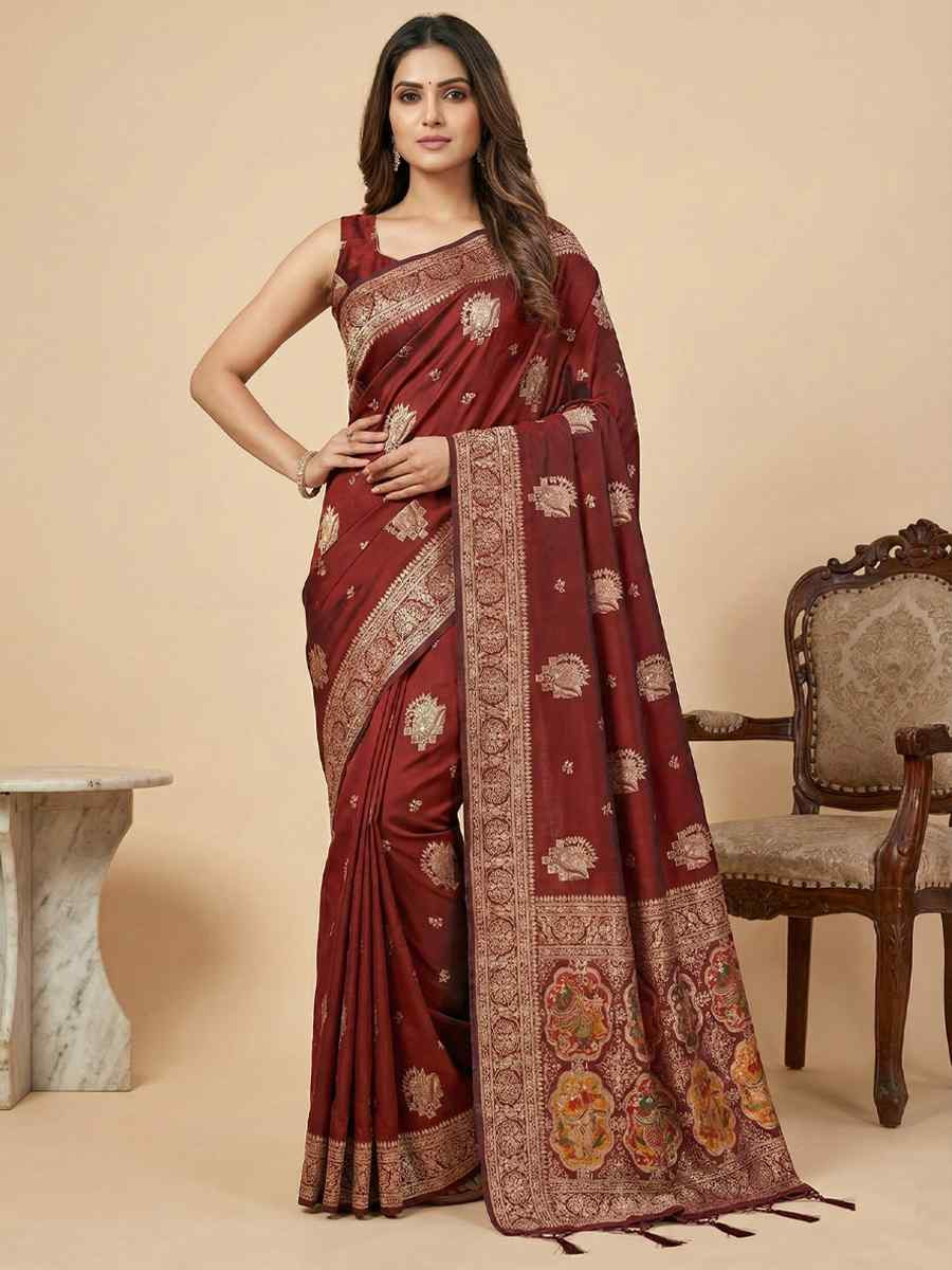 Maroon Banarasi Soft Silk Zari Handwoven Casual Reception Festival Wedding Fancy Classic Style Sarees