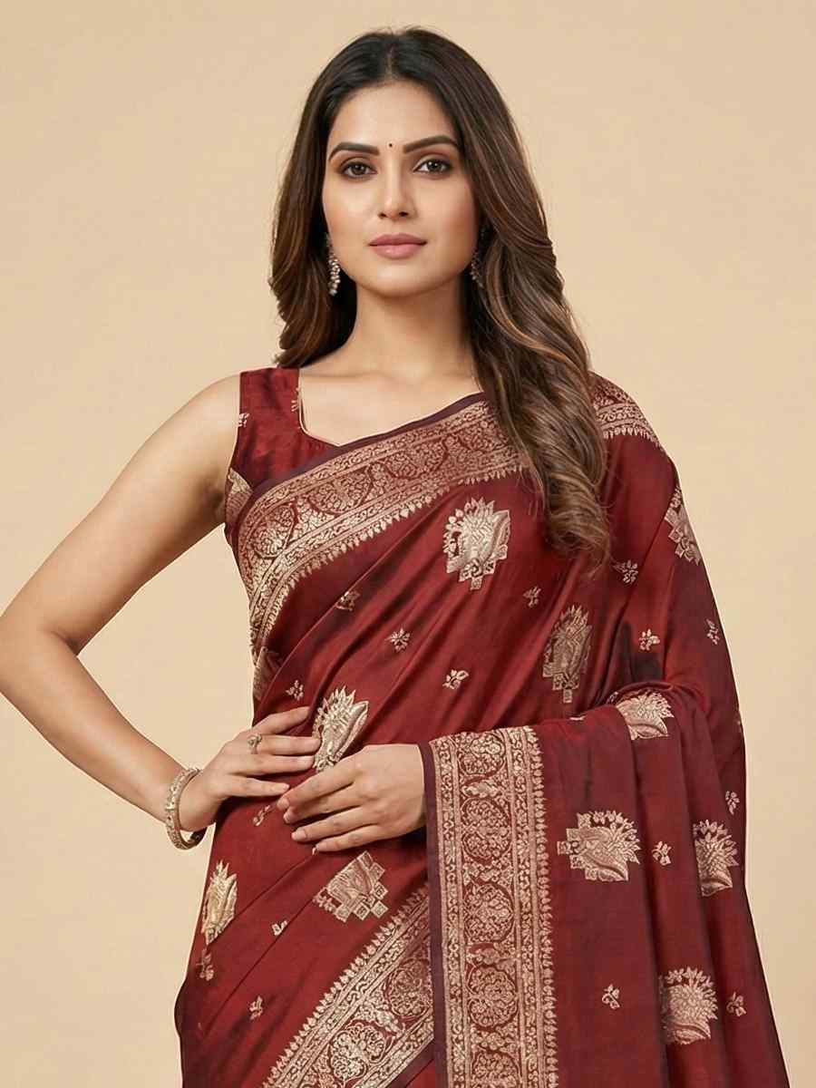 Maroon Banarasi Soft Silk Zari Handwoven Casual Reception Festival Wedding Fancy Classic Style Sarees