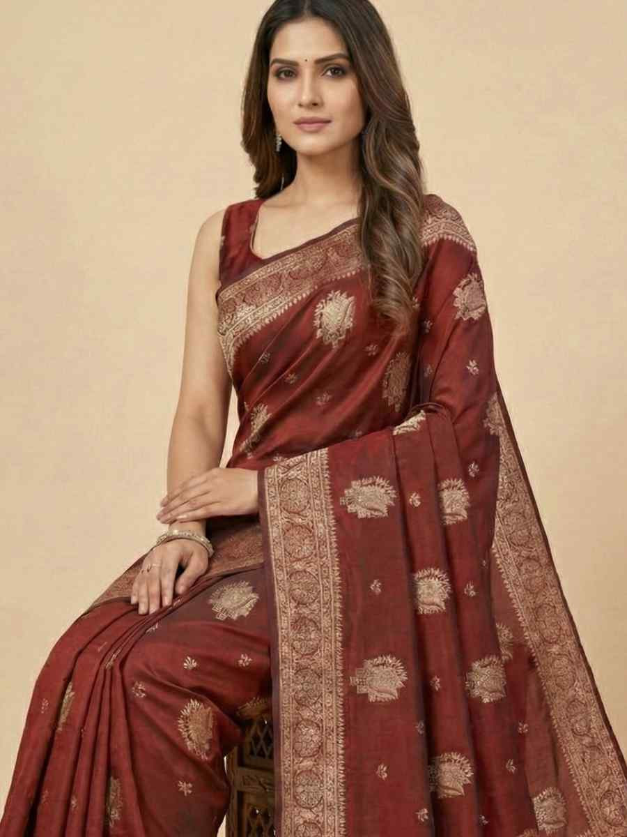 Maroon Banarasi Soft Silk Zari Handwoven Casual Reception Festival Wedding Fancy Classic Style Sarees
