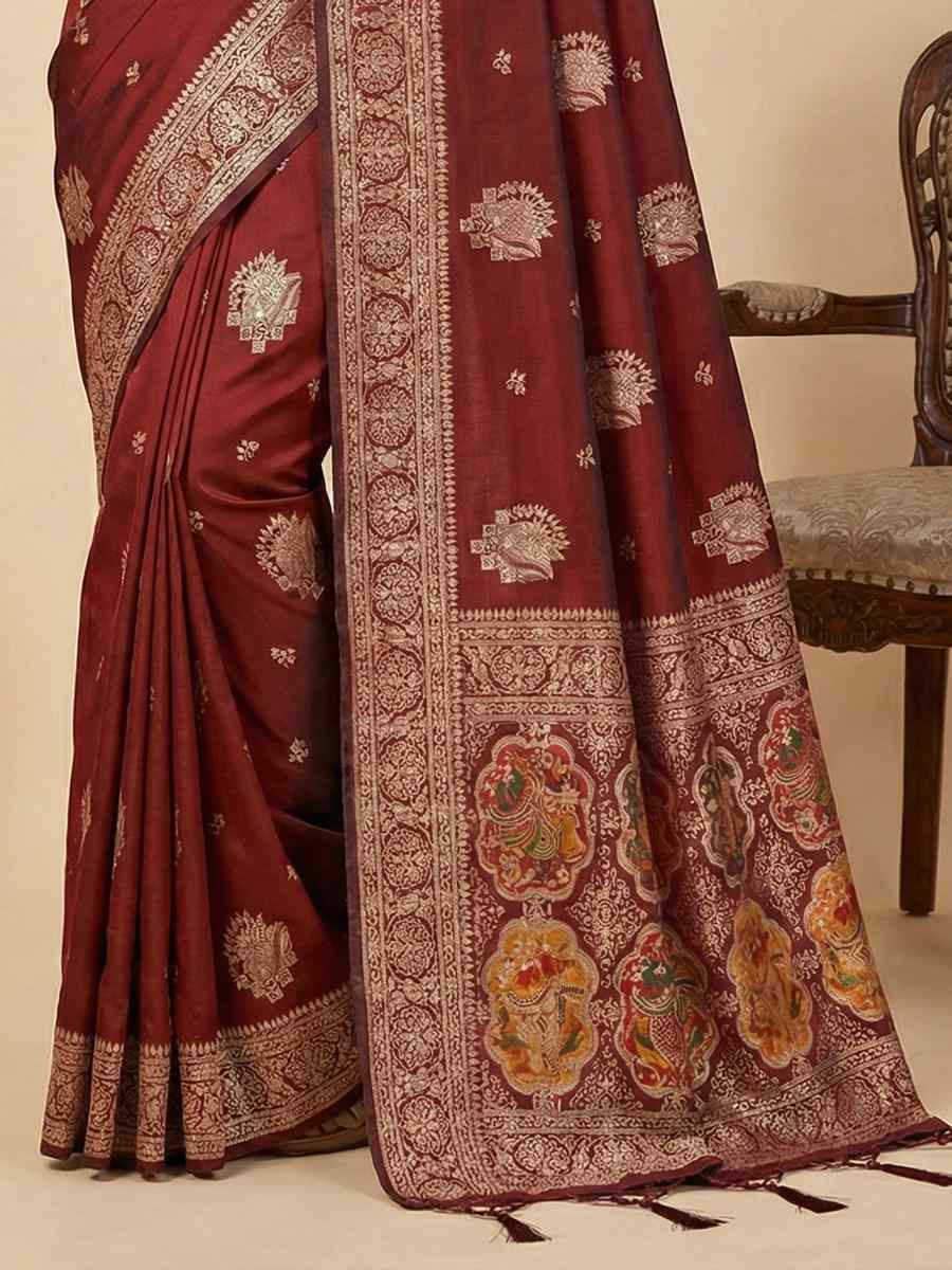 Maroon Banarasi Soft Silk Zari Handwoven Casual Reception Festival Wedding Fancy Classic Style Sarees