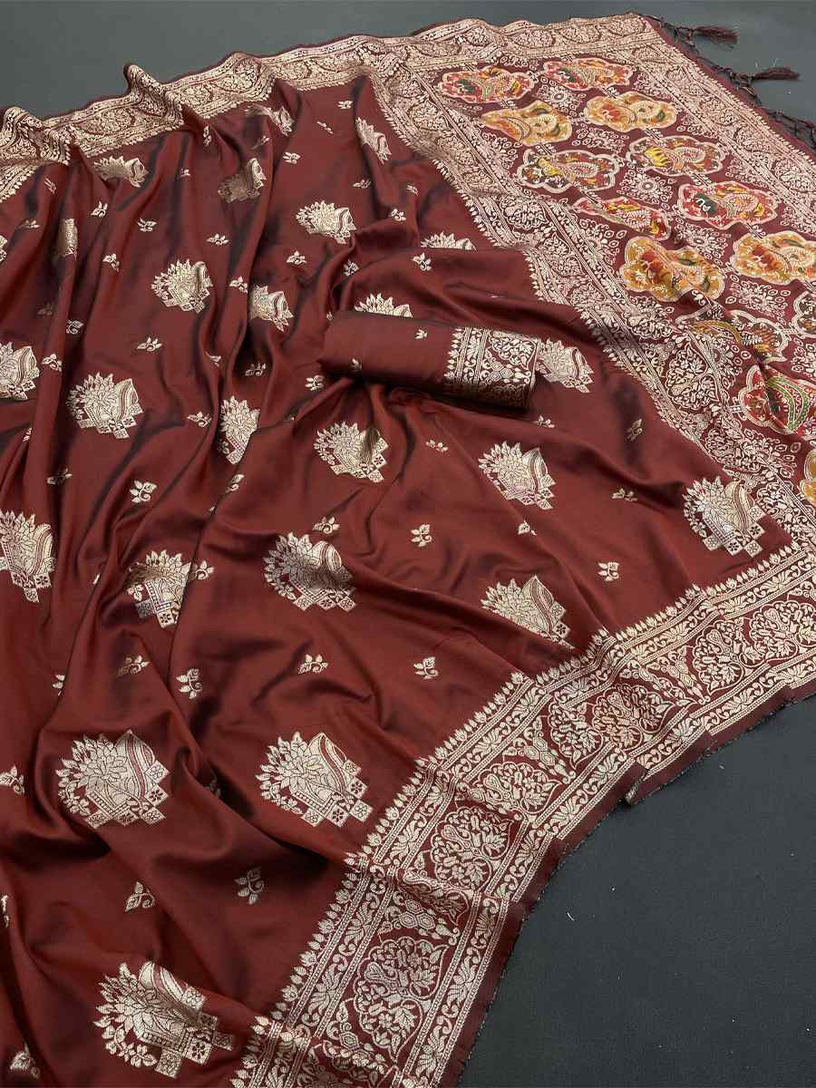 Maroon Banarasi Soft Silk Zari Handwoven Casual Reception Festival Wedding Fancy Classic Style Sarees