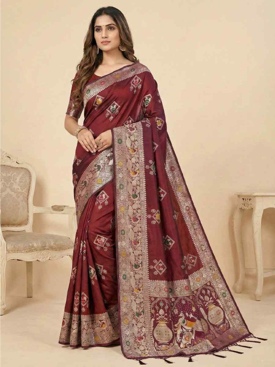 Maroon Banarasi Soft Silk Zari Handwoven Casual Reception Festival Wedding Fancy Classic Style Sarees