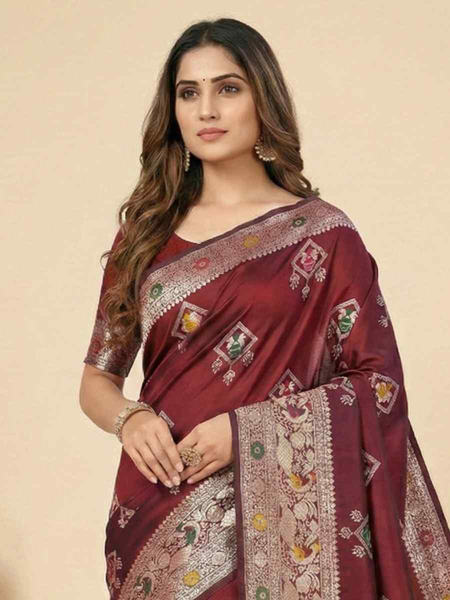 Maroon Banarasi Soft Silk Zari Handwoven Casual Reception Festival Wedding Fancy Classic Style Sarees