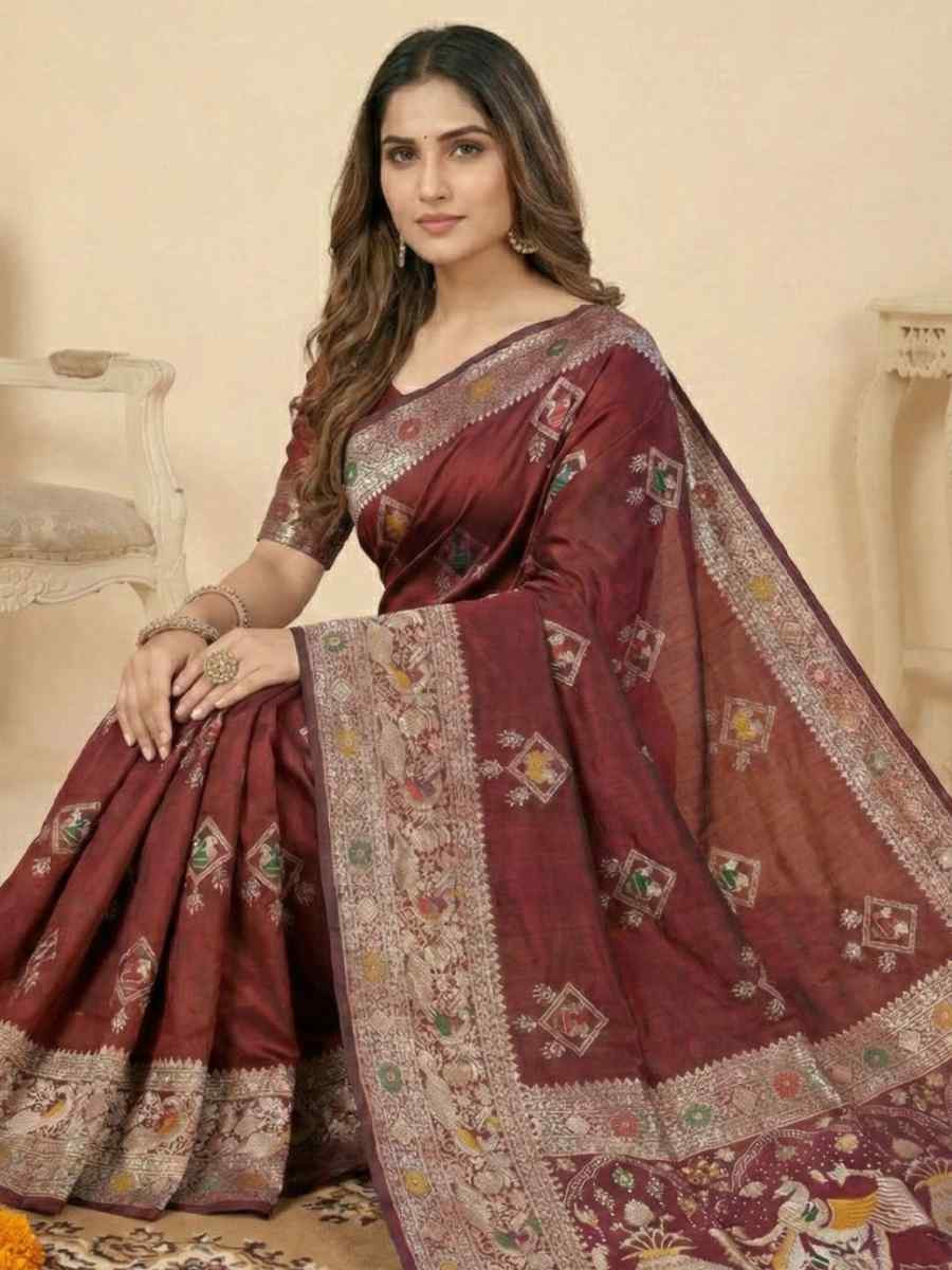 Maroon Banarasi Soft Silk Zari Handwoven Casual Reception Festival Wedding Fancy Classic Style Sarees