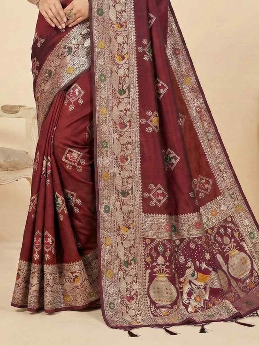 Maroon Banarasi Soft Silk Zari Handwoven Casual Reception Festival Wedding Fancy Classic Style Sarees