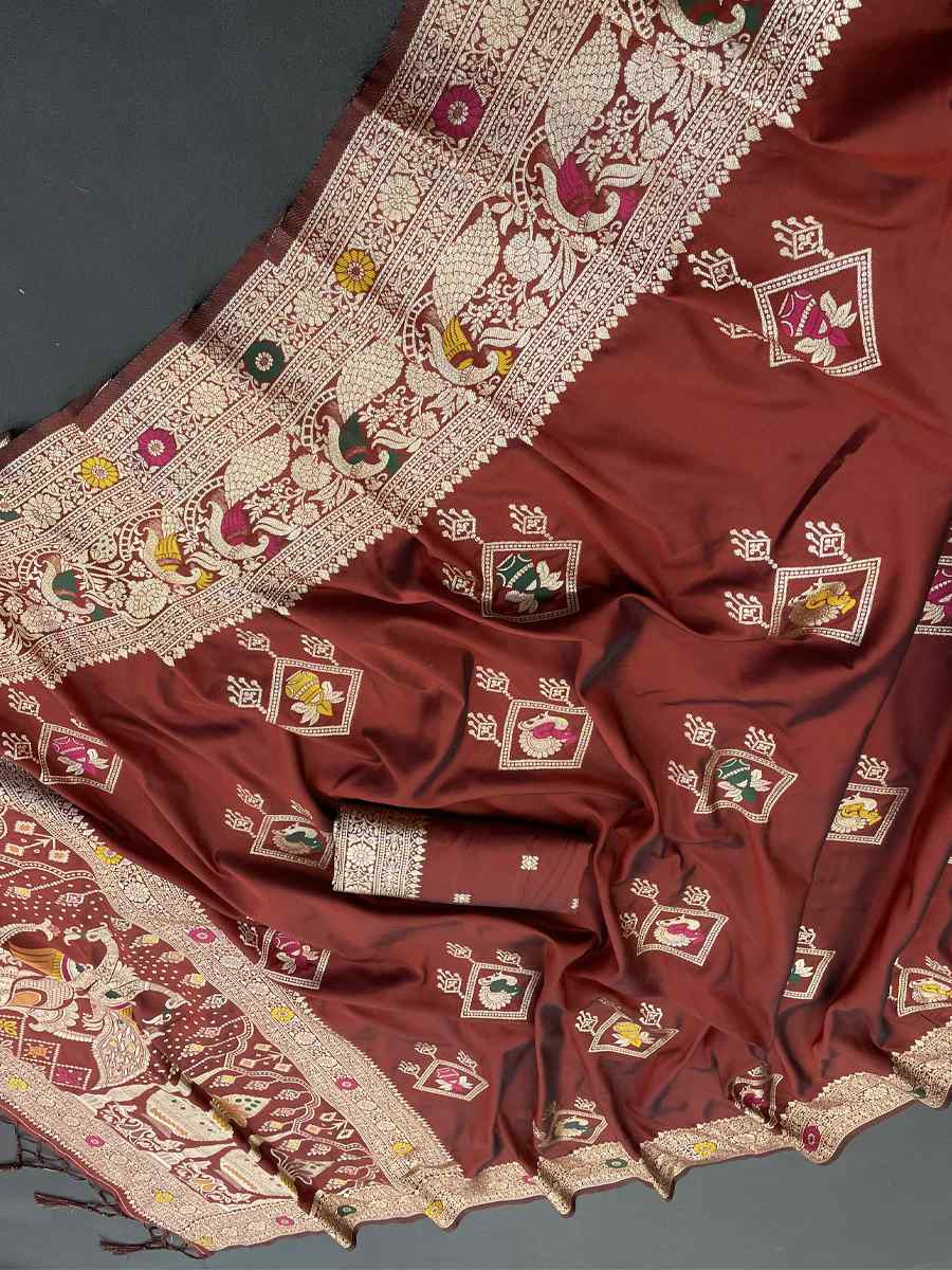 Maroon Banarasi Soft Silk Zari Handwoven Casual Reception Festival Wedding Fancy Classic Style Sarees