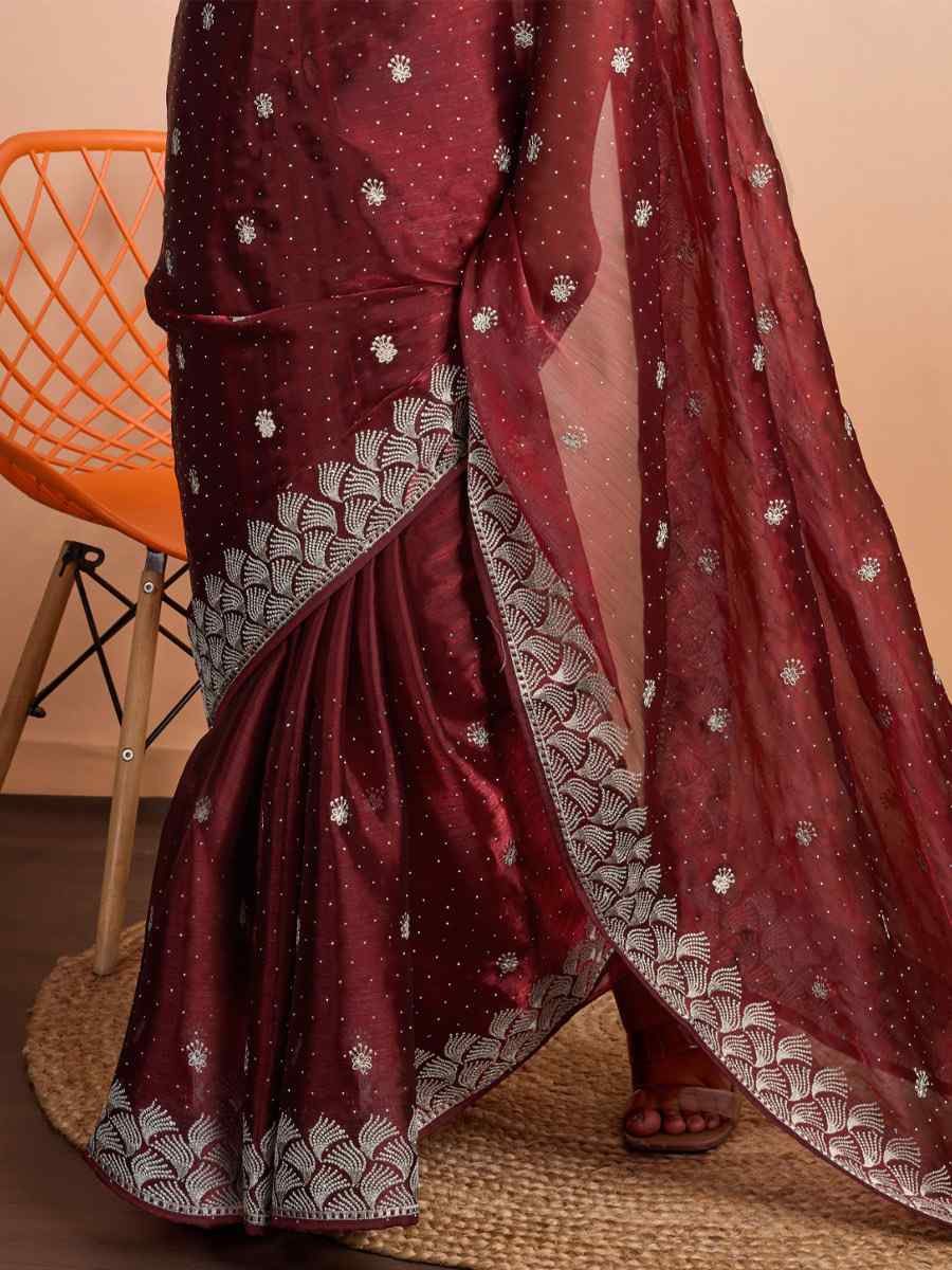 Maroon Blooming Burberry Embroidered Festival Party Heavy Border Saree