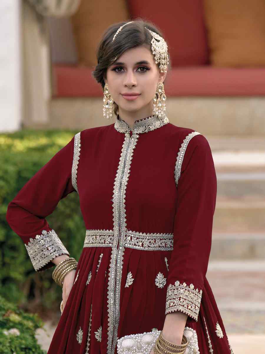 Maroon Blooming Georgette Embroidered Wedding Festival Anarkali Salwar Kameez