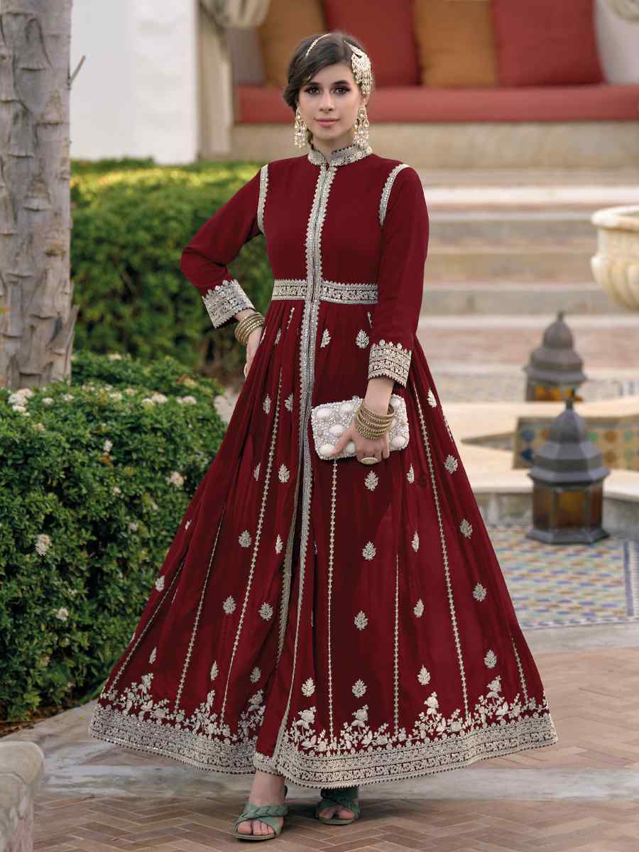 Maroon Blooming Georgette Embroidered Wedding Festival Anarkali Salwar Kameez