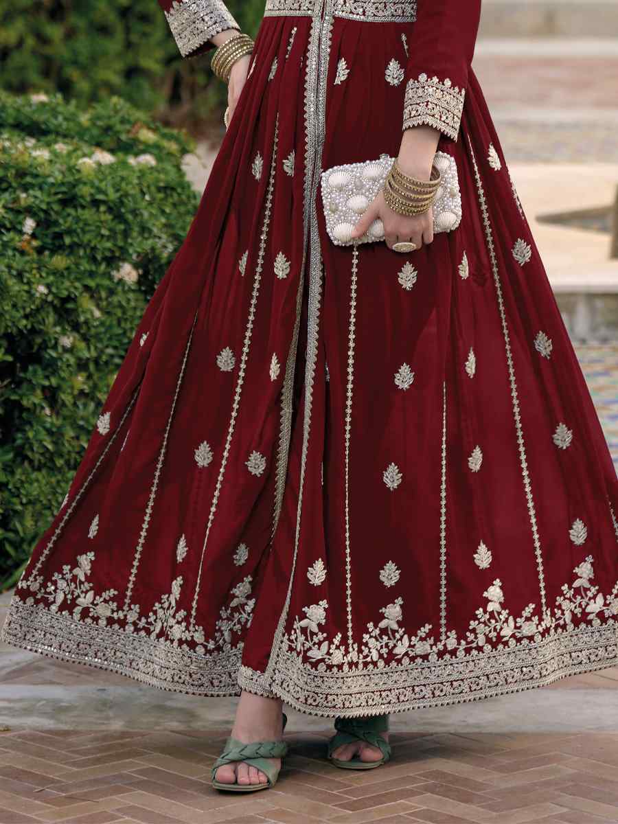 Maroon Blooming Georgette Embroidered Wedding Festival Anarkali Salwar Kameez