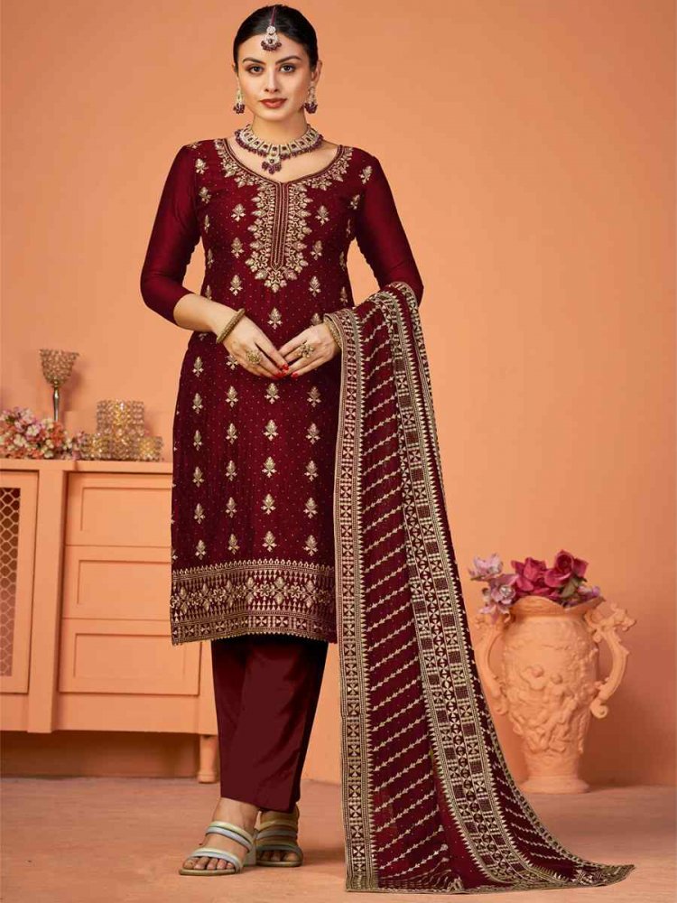 Maroon Blooming Vichitra Embroidered Festival Party Pant Salwar Kameez