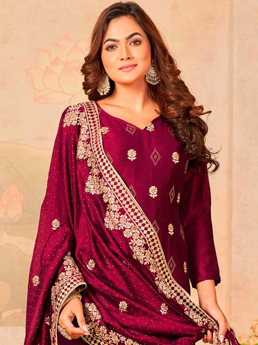 Maroon Blooming Vichitra Embroidered Festival Wedding Pant Salwar Kameez