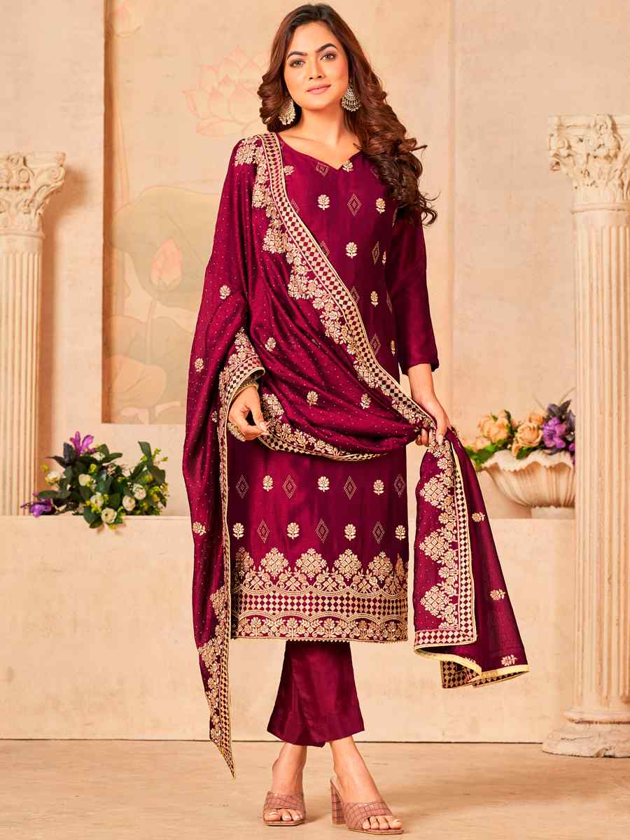 Maroon Blooming Vichitra Embroidered Festival Wedding Pant Salwar Kameez