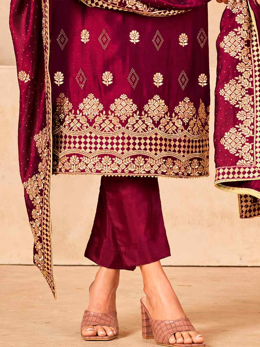 Maroon Blooming Vichitra Embroidered Festival Wedding Pant Salwar Kameez