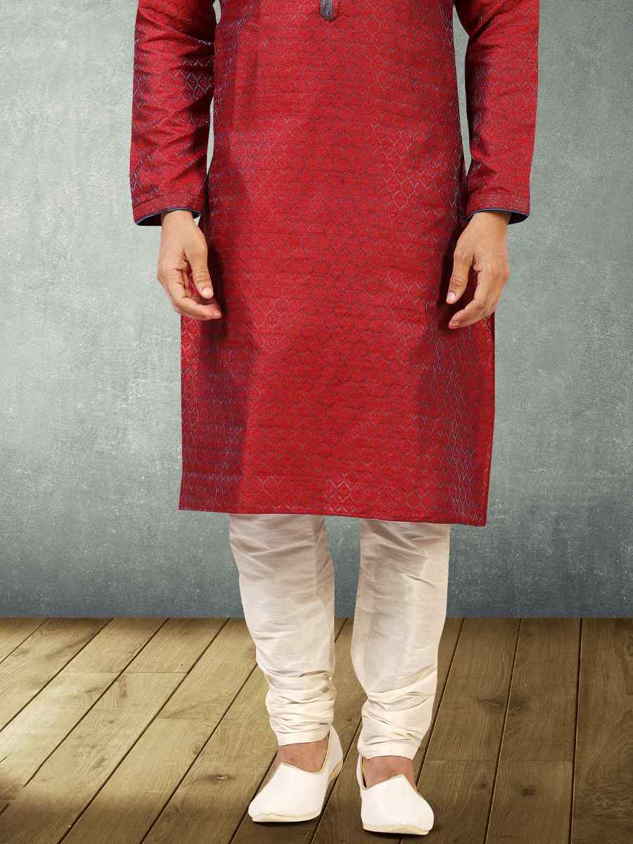 Maroon Blue Jacquard Silk Brocade Woven Party Churidar Kurta