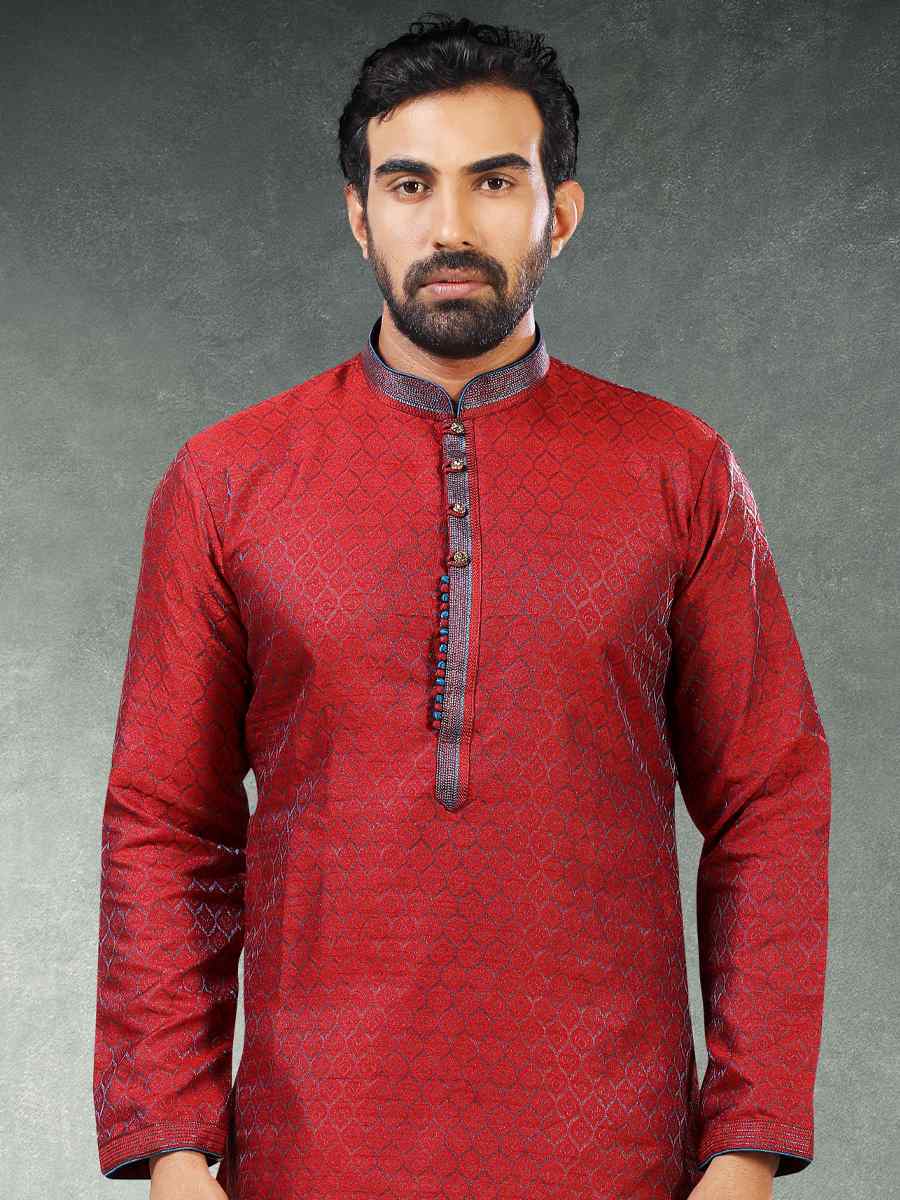 Maroon Blue Jacquard Silk Brocade Woven Party Churidar Kurta