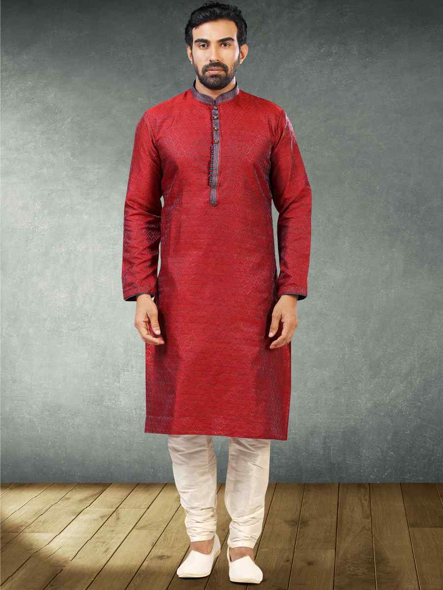 Maroon Blue Jacquard Silk Brocade Woven Party Churidar Kurta