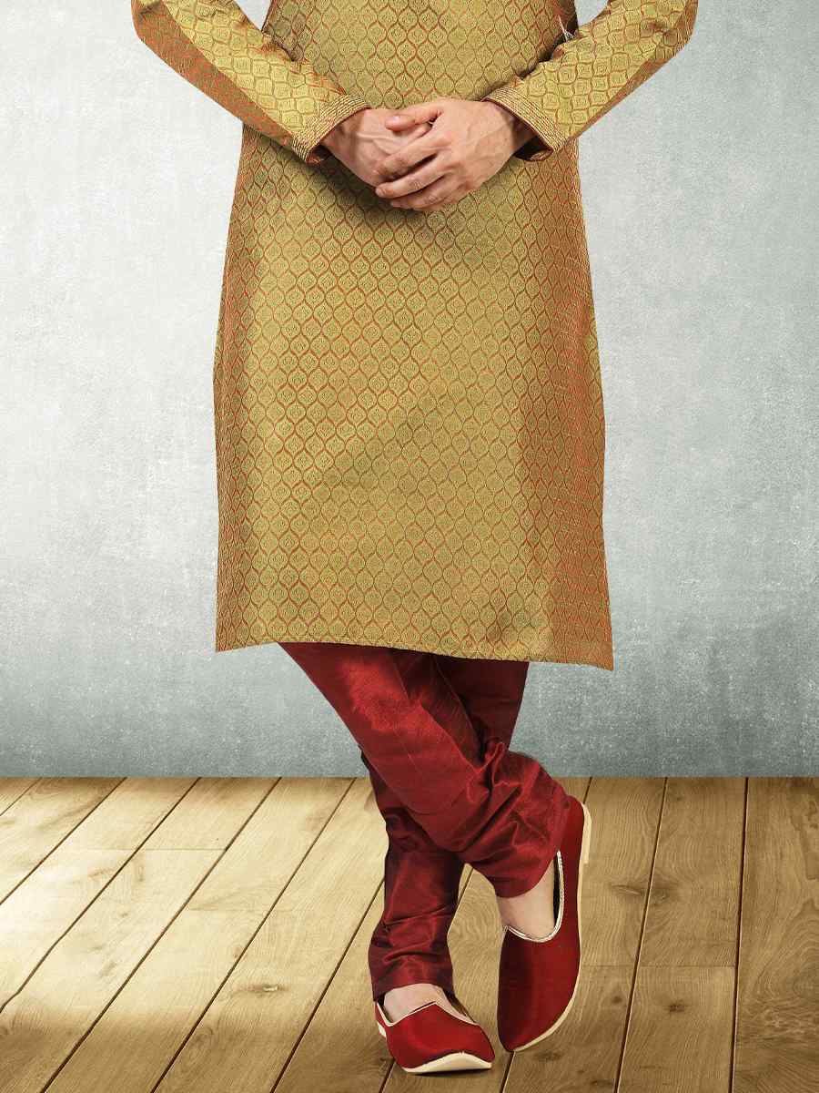 Maroon Blue Jacquard Silk Brocade Woven Party Churidar Kurta
