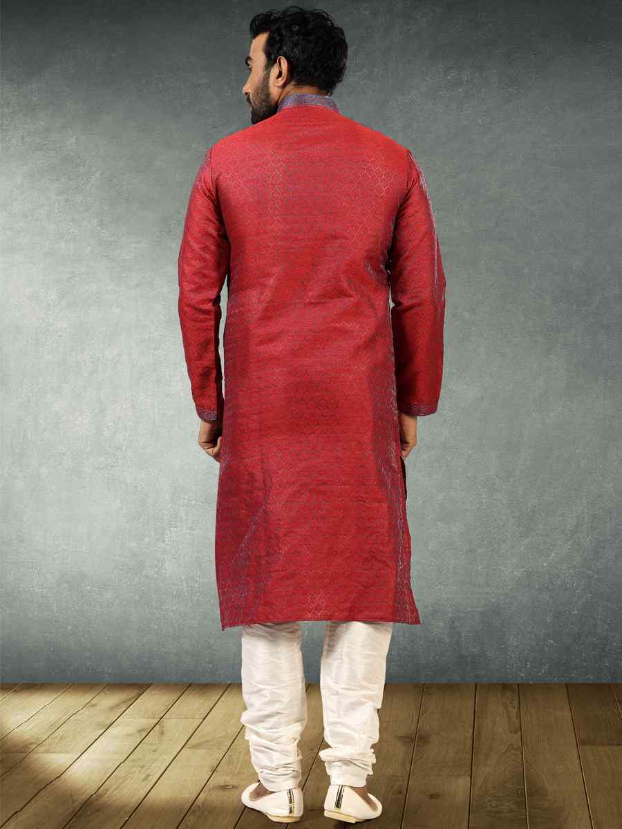 Maroon Blue Jacquard Silk Brocade Woven Party Churidar Kurta