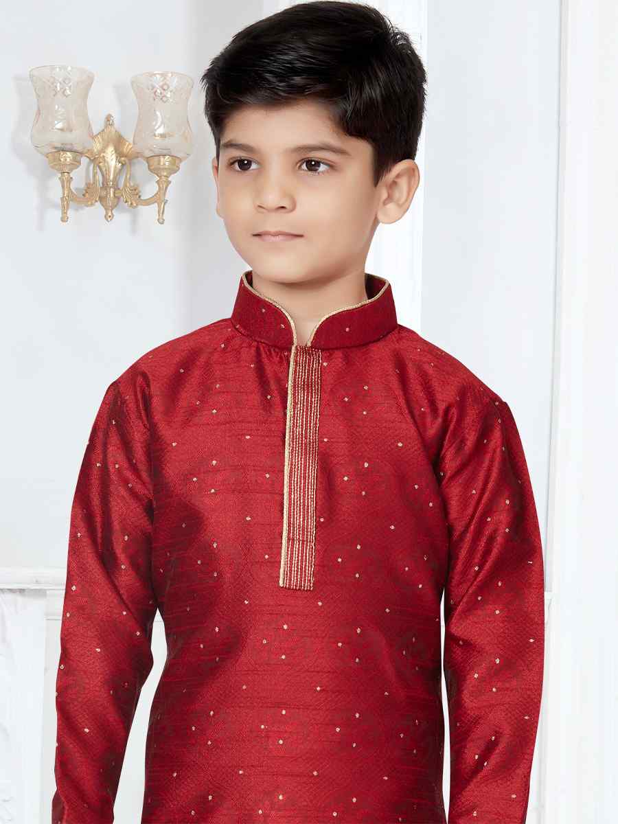 Maroon Booti Jacquard Floral Party Festival Kurta Pyjama Boys Wear