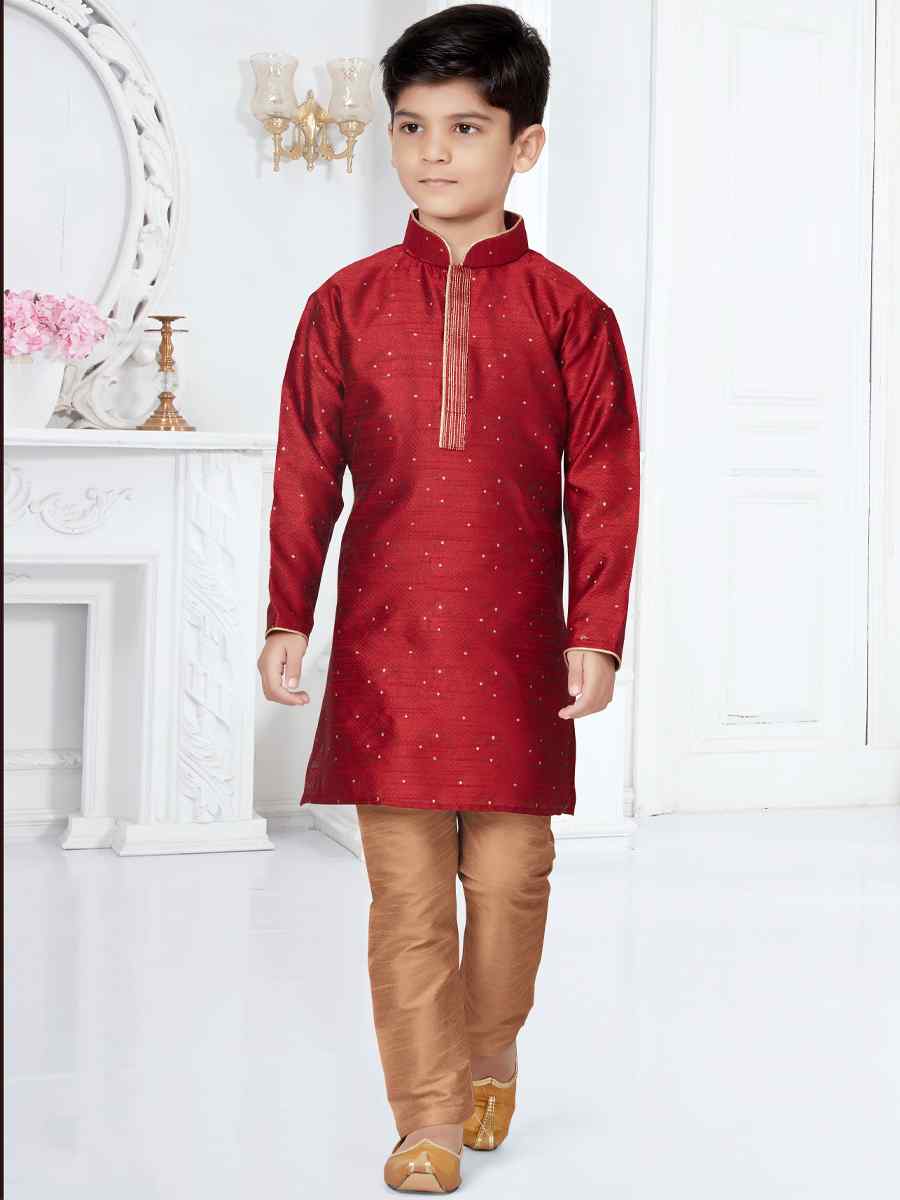 Maroon Booti Jacquard Floral Party Festival Kurta Pyjama Boys Wear