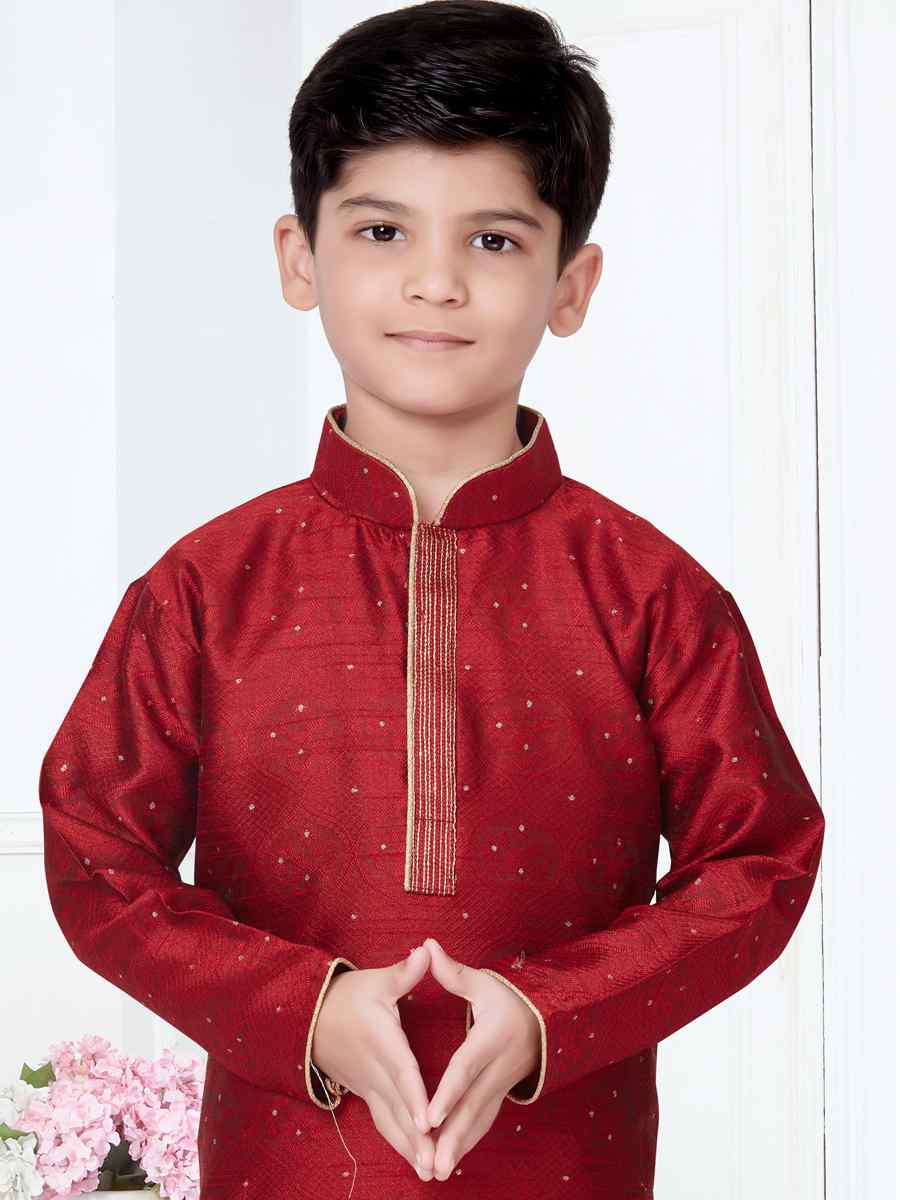 Maroon Booti Jacquard Floral Party Festival Kurta Pyjama Boys Wear