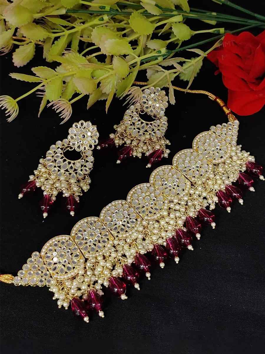 Maroon Brass Bridal Wear Kundan Necklace