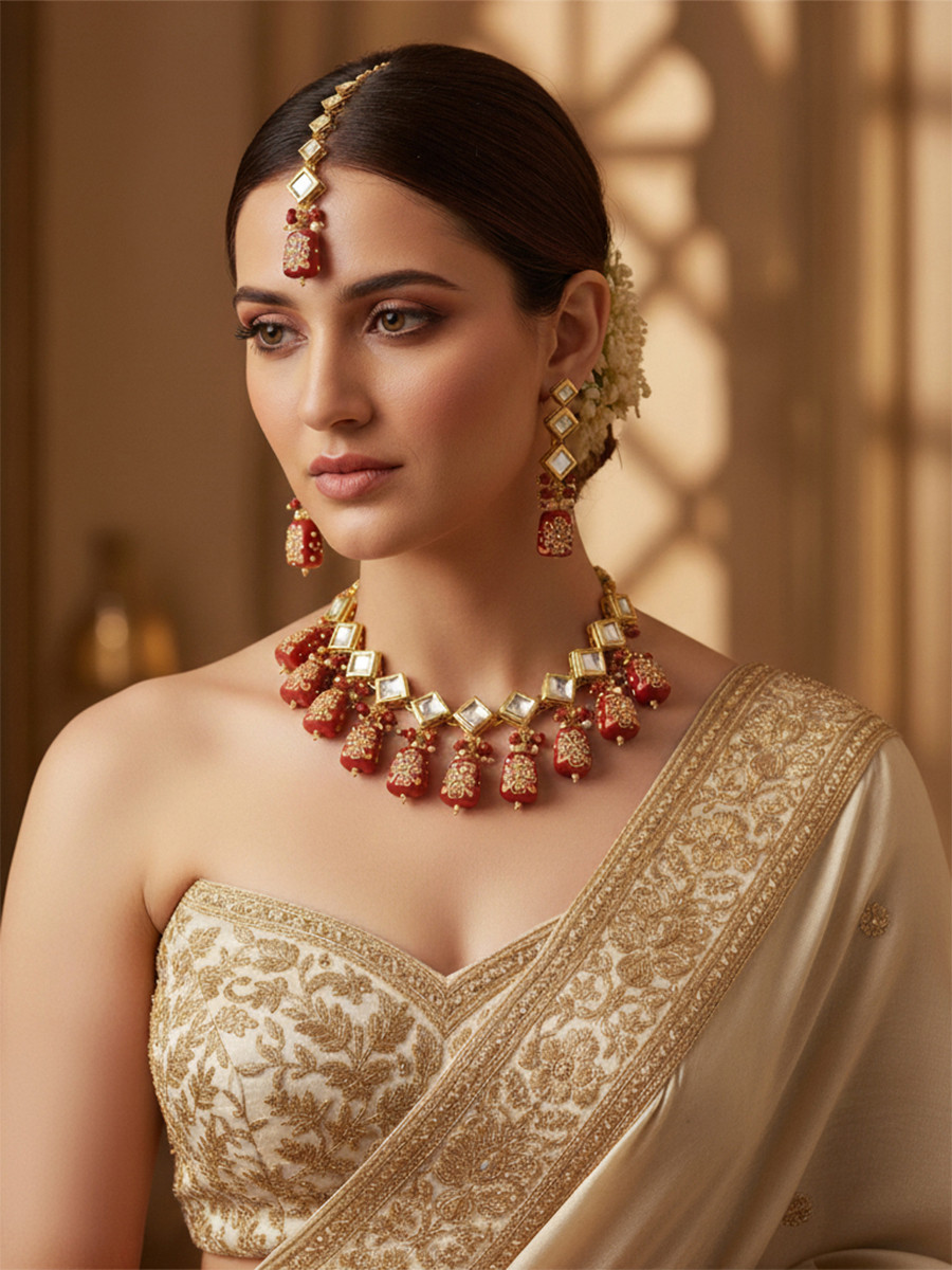 Maroon Brass Wedding Party Festival Wear Kundan Necklace