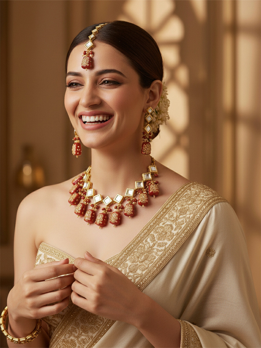 Maroon Brass Wedding Party Festival Wear Kundan Necklace