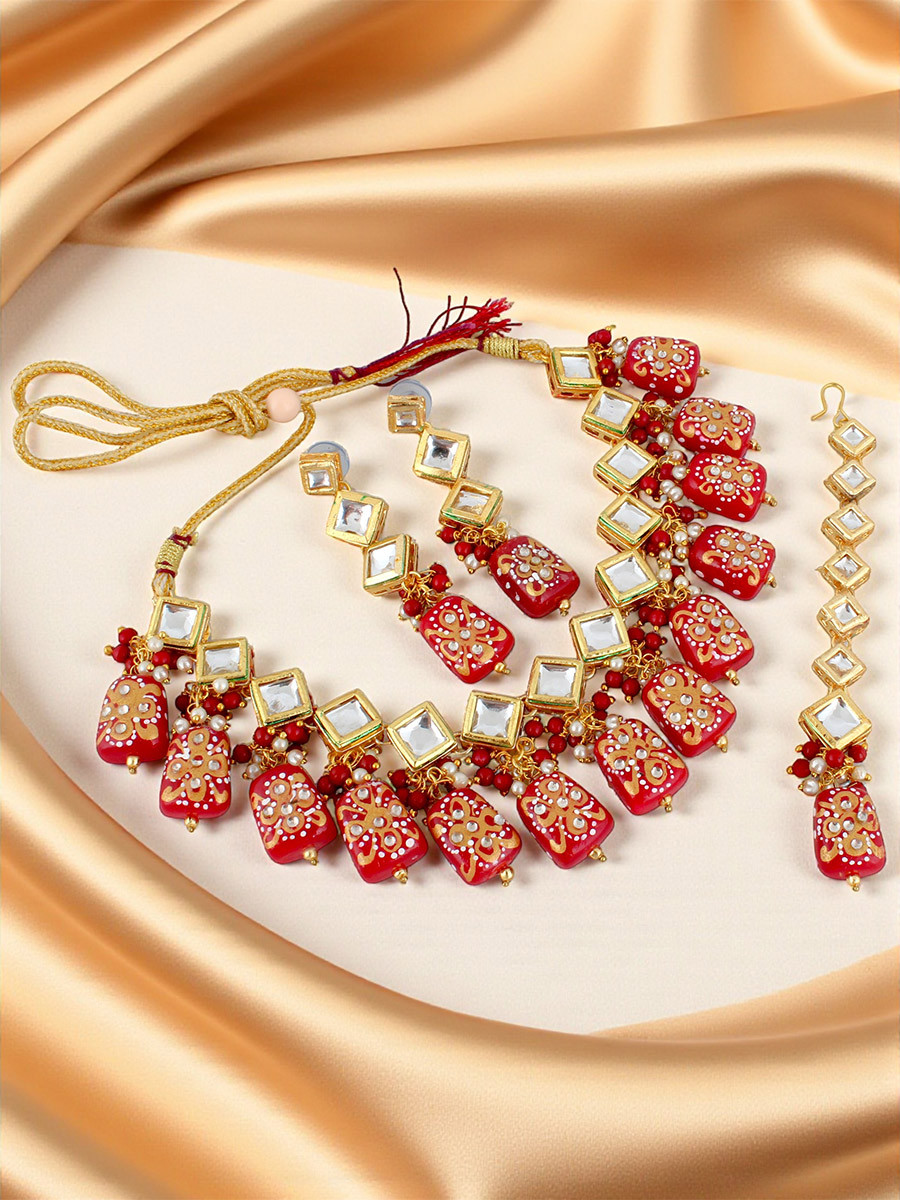 Maroon Brass Wedding Party Festival Wear Kundan Necklace