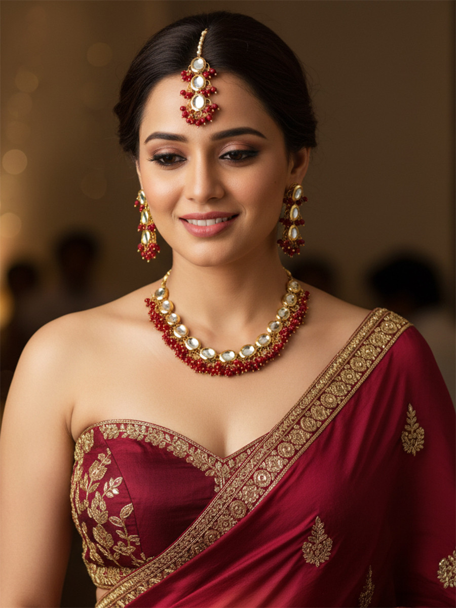 Maroon Brass Wedding Party Festival Wear Kundan Necklace