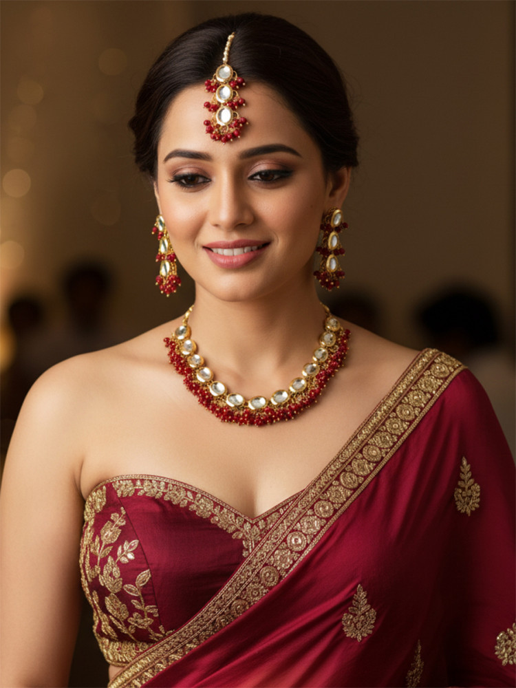 Image of Maroon Brass Wedding Party Festival Wear Kundan Necklace