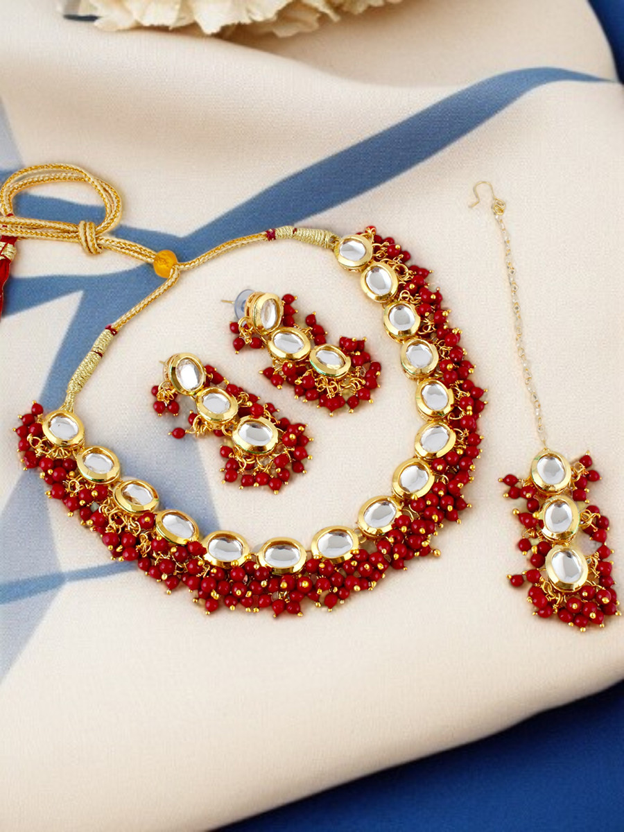 Maroon Brass Wedding Party Festival Wear Kundan Necklace