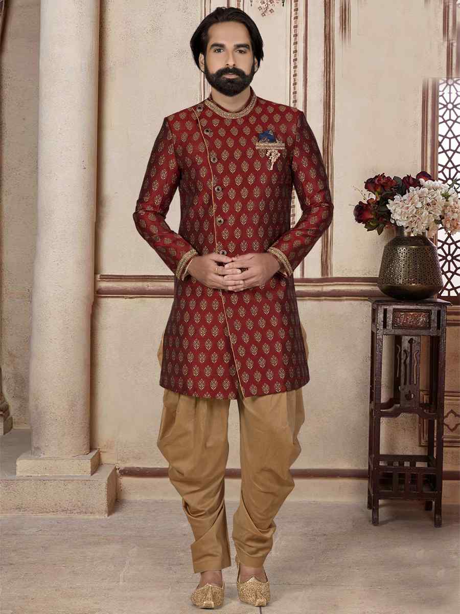 Maroon Brocade Woven Festival Wedding Sherwani Kurta