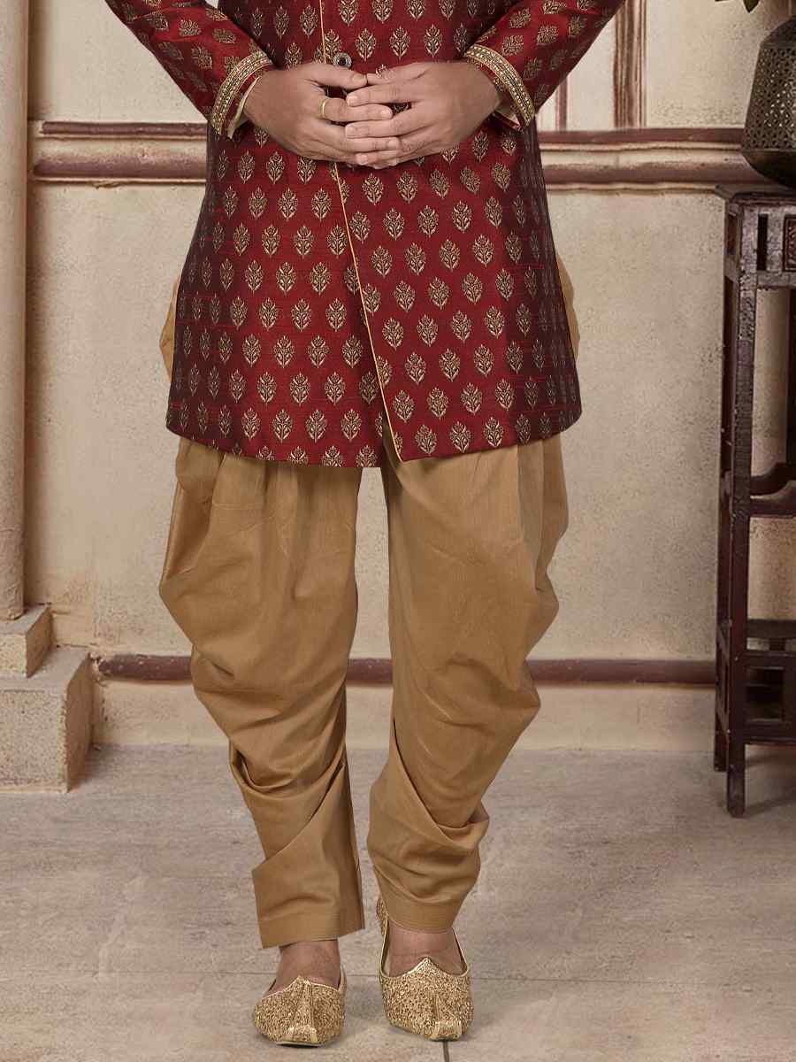 Maroon Brocade Woven Festival Wedding Sherwani Kurta