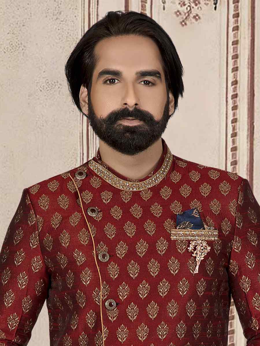 Maroon Brocade Woven Festival Wedding Sherwani Kurta