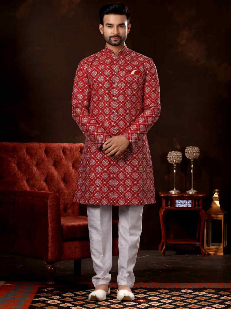 Maroon Brocade Woven Wedding Party Sherwani