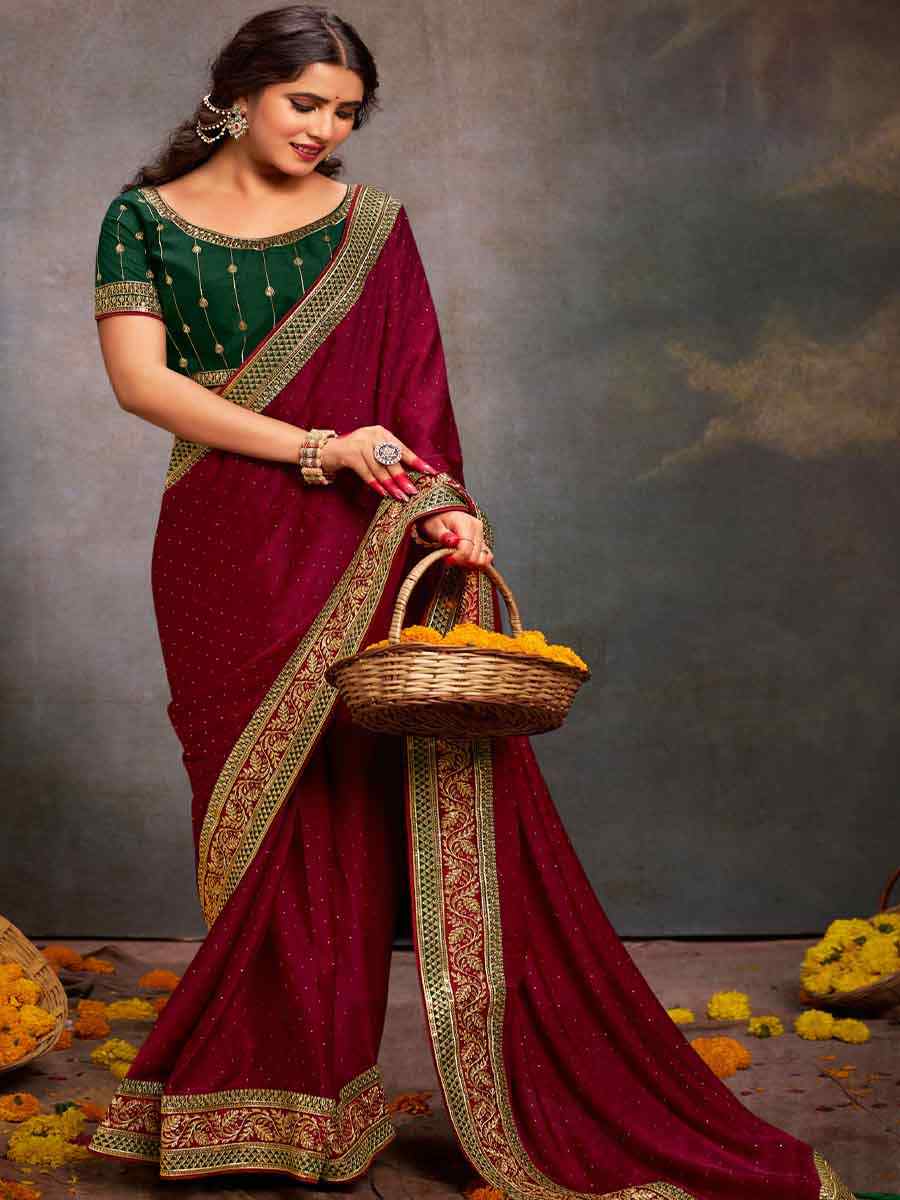 Maroon Bsy Satin Embroidered Festival Wedding Heavy Border Saree