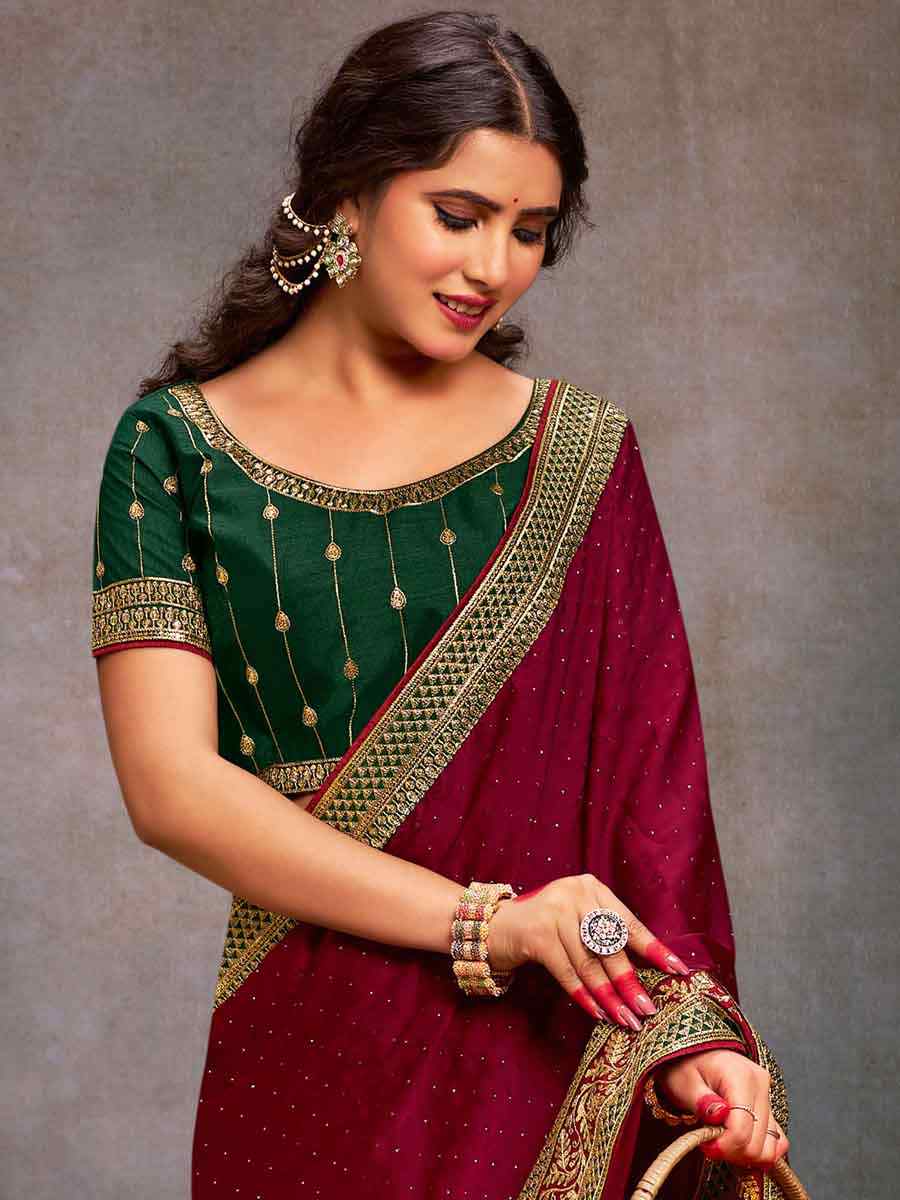 Maroon Bsy Satin Embroidered Festival Wedding Heavy Border Saree