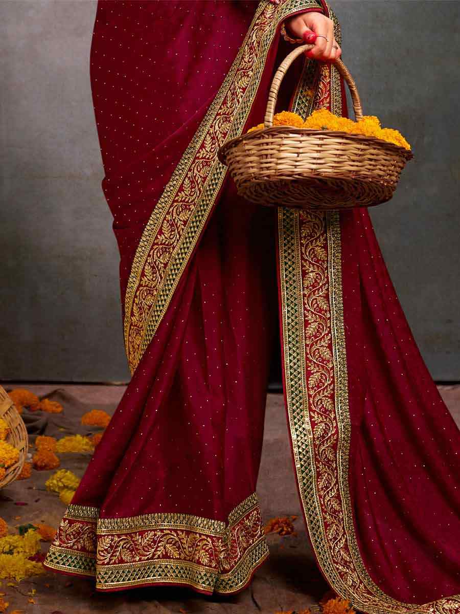 Maroon Bsy Satin Embroidered Festival Wedding Heavy Border Saree