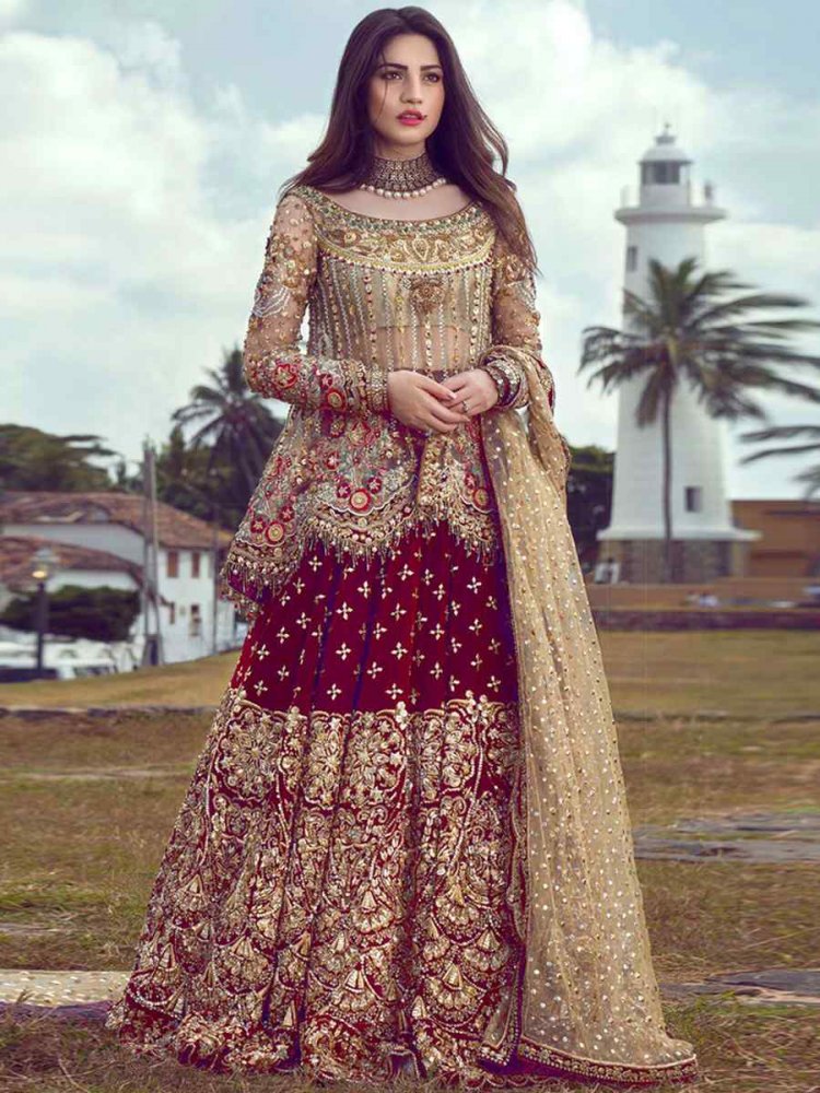 Maroon Butterfly Net Embroidered Engagement Party Kurti Lehenga Choli