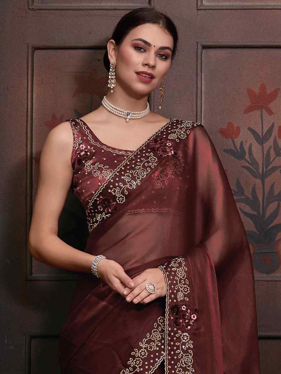 Maroon Butterfly Silk Embroidered Party Reception Heavy Border Saree