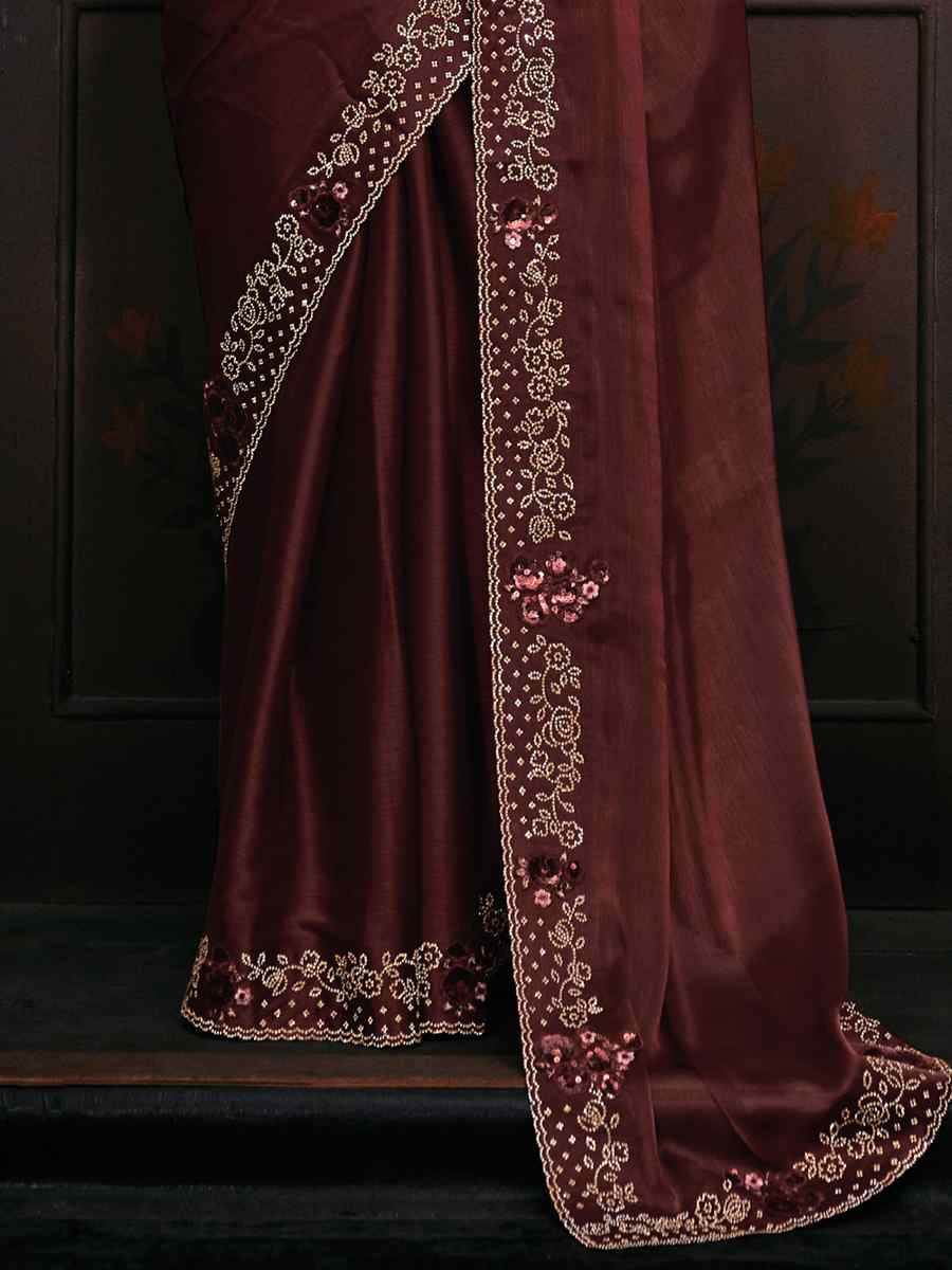 Maroon Butterfly Silk Embroidered Party Reception Heavy Border Saree